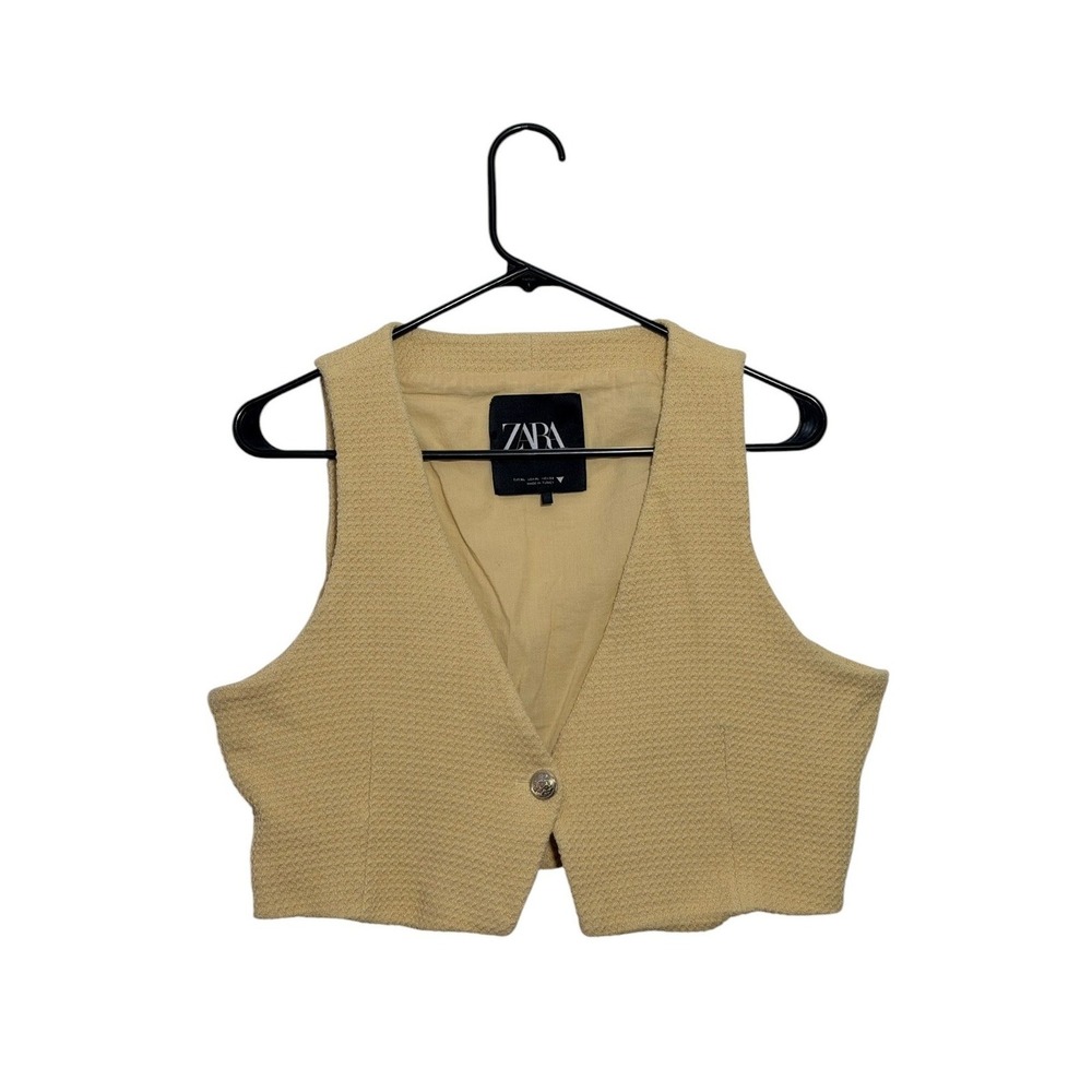 Zara Preppy Old Money Yellow‎ Textured Vest Single Crest Button Women's Size XL